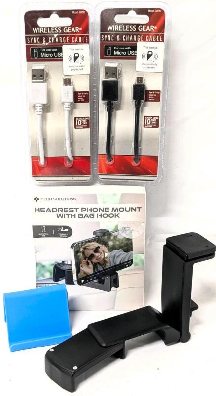 2 New Phone Mounts, Phone Stand 1.75" Tall, 2&times; Micro USB Charging Cables 10' Long Each