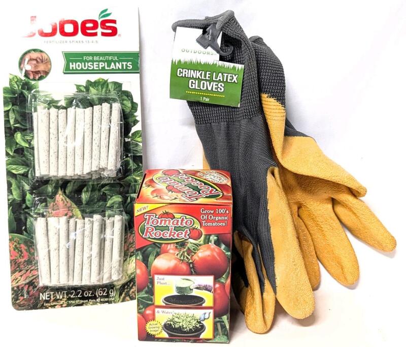 New JOBES Fertilizer Spikes 13-4-3 (62g), Tomato Rocket (Grow 100s of Organic Tomatoes) & O/S Adult Crinkle Latex Gardening Gloves (Gloves Have Discoloration/Marks)
