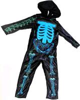 New Size 3-4T Kid's One-Piece Blacklight Skeleton Costume Onesie With Hood And Hole in Back To Accommodate Ponytails, Velcro Closure At Back