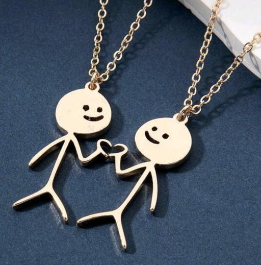2 New Couple Matchstick People Holding Heart Pendant Necklaces 18" Long