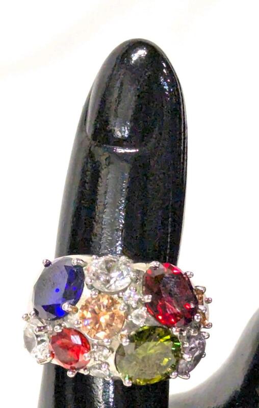 Gorgeous Size 8 Signed NVC Domed Cocktail Ring With Prong-Set Cobalt-Blue, Ruby-Red, Amethyst-Purple Crystals