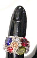 Gorgeous Size 8 Signed NVC Domed Cocktail Ring With Prong-Set Cobalt-Blue, Ruby-Red, Amethyst-Purple Crystals