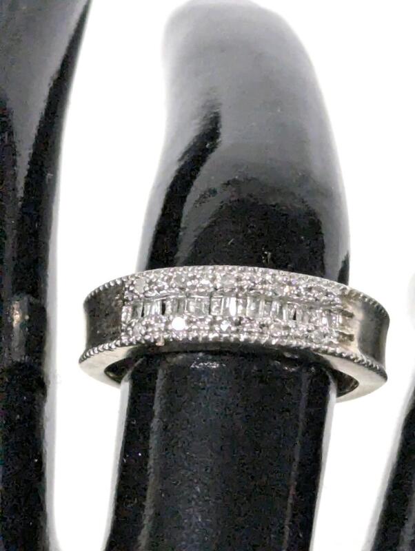Size 7 Vintage Sterling Silver Stamped 925 Half internity Band With Baguette Cut Diamonds