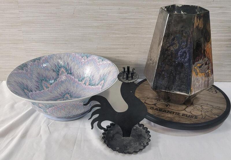 Home Decor Lot . Includes : Table Lazy Susan , Purple/Turquoise Fruit Bowl , Vase & Chicken Candle Holder