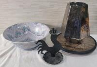 Home Decor Lot . Includes : Table Lazy Susan , Purple/Turquoise Fruit Bowl , Vase & Chicken Candle Holder