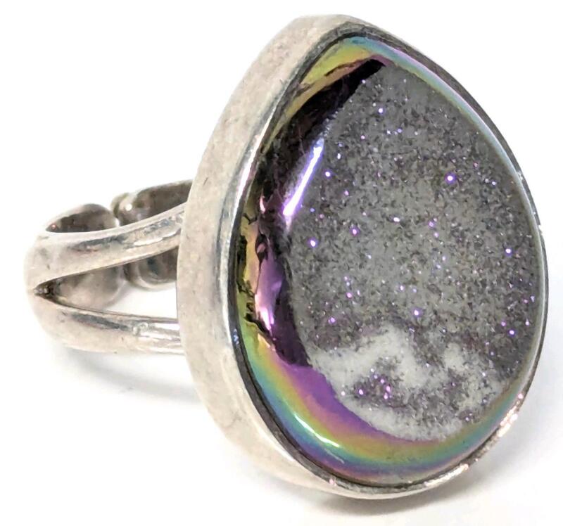 Signed Sajen Size 8+ Sterling Silver Stamped 925 Bezel-Set Peacock Druzy Quartz Open-Cuff Ring