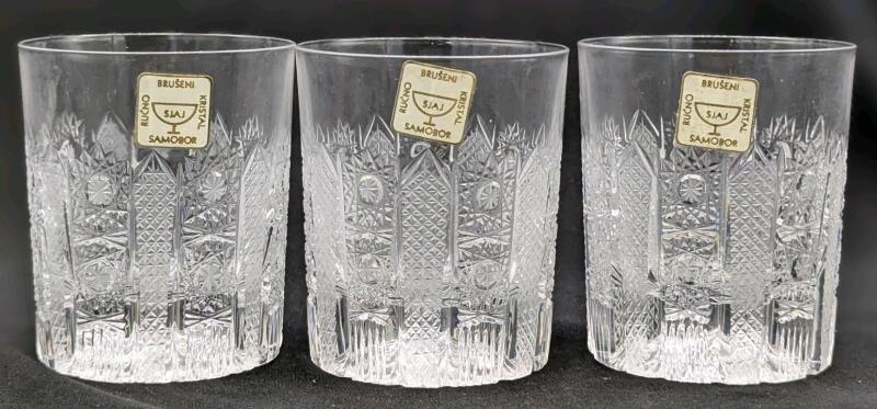 3 Brilliant Bruseni Samobor SJAJ Rucno Cut Crystal Tumbler Cups, 3.5" Tall Each, No Chips or Cracks