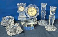 Signed Vintage ROSENTHAL Crystal Pedestal Pillar Candle Holder 2.5", 2&times; Violetta Pinwheel Crystal Taper Candlesticks 6", 2&times; Retired PartyLite P0129 Votive Candle Holders, Galway Crystal Table Clock 5" & Charter Collection Table Clock 3.8"