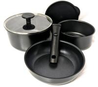 3 New CAROTE Pots, 6.75", 8.4" &times;2 Diameter Black, Non-Stick, For All Cook Tops (Gas, Electric, Induction, Ceramic) + 1 Stove-Safe Lid, 1 Plastic Food Storage Lid For Smallest Pot & Detachable Handle