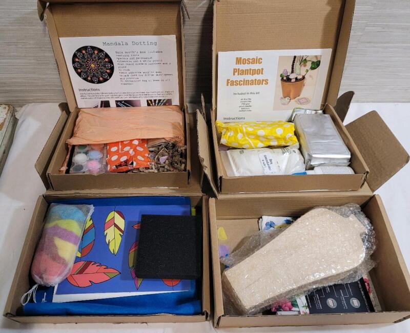 As New Four (4) Makerly Craft & Hobby Kits . Felt Book Cover Kit , Mod Podge Kit , Mandalay Dotting Kit & Mosaic Plantpot Fascinator Kit . All Open Box , Cannot Confirm if Complete or Not