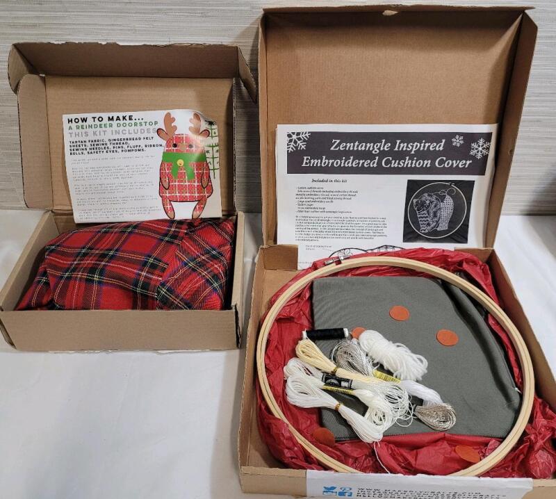 Two (2) New Makerly Christmas Craft Sets . Reindeer Doorstop Craft Set & Polar Bear Embroidered Cushion Cover Craft Set