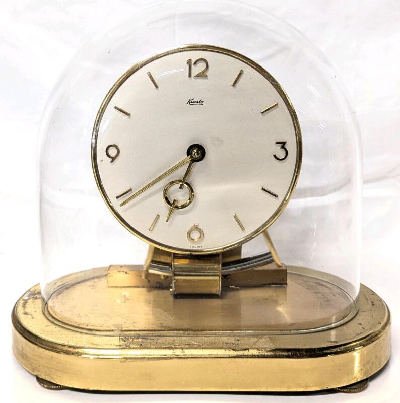 Vintage KUNDO Kieninger & Obergfell Made in Western-Germany 6 (six) Jewels Unadjusted Glass Dome Mantle Clock, Working, Battery Compartment Loose, No Chips in Glass Dome, 8.5" Tall
