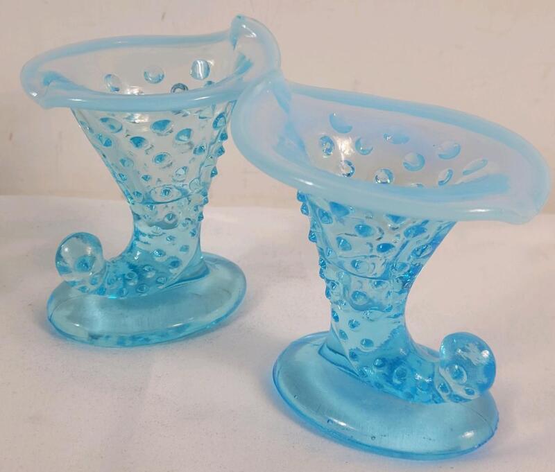 Vintage Pair Fenton Blue Opalescent Hobnail Cornucopia Vases. Measures 3 ⅝" Tall . No chips or cracks