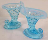 Vintage Pair Fenton Blue Opalescent Hobnail Cornucopia Vases. Measures 3 ⅝" Tall . No chips or cracks