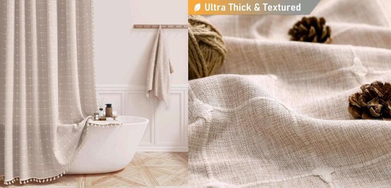 New BTTN Extra Long Shower Curtain - 72x96 Inch Long Boho Chic Linen Fabric Heavy Duty Shower Curtain Set with Plastic Hooks, Tall Farmhouse Aesthetic Cute Tassel Shower Curtains for Bathroom