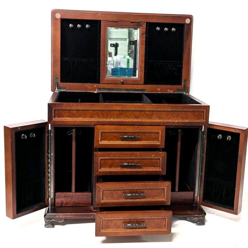 Really Nice Large Jewelry Box With 4 Drawers, Mirror in Lid, 2&times; Side Cabinets With Necklace Holders - 13" Tall