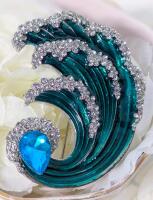 Large Rhinestone Enamel Hokusai-Style Crashing Wave Brooch 2.5" Long
