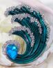 Large Rhinestone Enamel Hokusai-Style Crashing Wave Brooch 2.5" Long