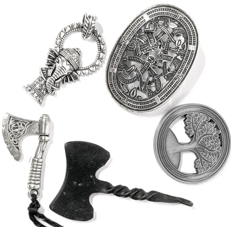 Forged Iron Viking Axe Pendant, Viking Turtle Brooch, Mini Metal Viking Axe on Cord, Ganesha Pendant & Chunky Heavy Tree of Life Coin, Up To 2.4" Long
