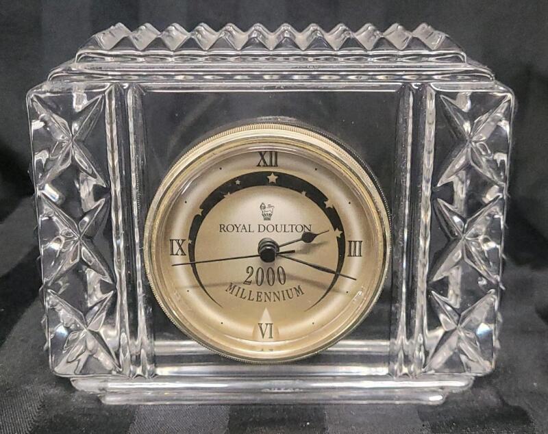 Royal Doulton Crystal 2000 Millennium Quartz Mantle Clock . Untested , Requires LR1 1.5v battery. Measures 5 &frac14;"&times;4"&times;1 &frac34;"