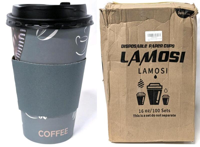 New LAMOSI 100 Sets Paper 16oz Cups, Lids & Sleeves (Dark Green), Retails Over $60