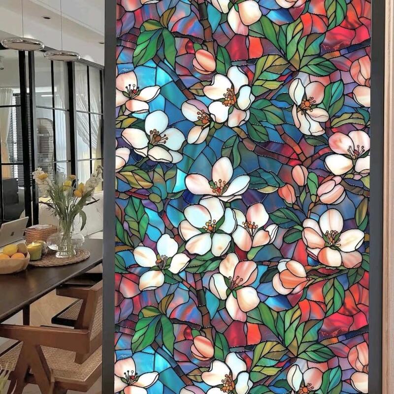New Window Film Faux Stained Glass Floral Privacy Static Cling Film, Removable, 17.7" &times; 39.3"