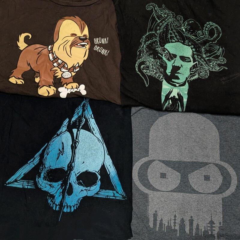 4 Size XL Women's Fitted / LG Men's HP Lovecraft, Harry Potter, Star Wars Chewbacca, Bebder Futurama Graphic T-Shirts (See Desc)