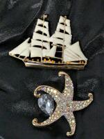 Brilliant AB Rhinestone Starfish Brooch With Nestled Faceted Stone & Sailing Ship Brooches, Up To 1.8" Long