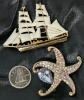 Brilliant AB Rhinestone Starfish Brooch With Nestled Faceted Stone & Sailing Ship Brooches, Up To 1.8" Long - 4