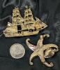 Brilliant AB Rhinestone Starfish Brooch With Nestled Faceted Stone & Sailing Ship Brooches, Up To 1.8" Long - 5