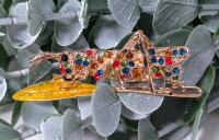 Neat Large Multicolor Rhinestone Grasshopper on Enameled Leaf Brooch, 2.8" Long