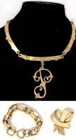 3 Pieces Signed Vintage Jewelry: Scrollwork Initial "P" Choker Necklace 14", Erwin Pearl Chunky Rounded Link Bracelet 7.25" & CORO Bow Brooch Missing Pin Catch (Pictured) 2" Long