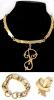 3 Pieces Signed Vintage Jewelry: Scrollwork Initial "P" Choker Necklace 14", Erwin Pearl Chunky Rounded Link Bracelet 7.25" & CORO Bow Brooch Missing Pin Catch (Pictured) 2" Long