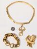 3 Pieces Signed Vintage Jewelry: Scrollwork Initial "P" Choker Necklace 14", Erwin Pearl Chunky Rounded Link Bracelet 7.25" & CORO Bow Brooch Missing Pin Catch (Pictured) 2" Long - 4