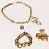 3 Pieces Signed Vintage Jewelry: Scrollwork Initial "P" Choker Necklace 14", Erwin Pearl Chunky Rounded Link Bracelet 7.25" & CORO Bow Brooch Missing Pin Catch (Pictured) 2" Long - 5