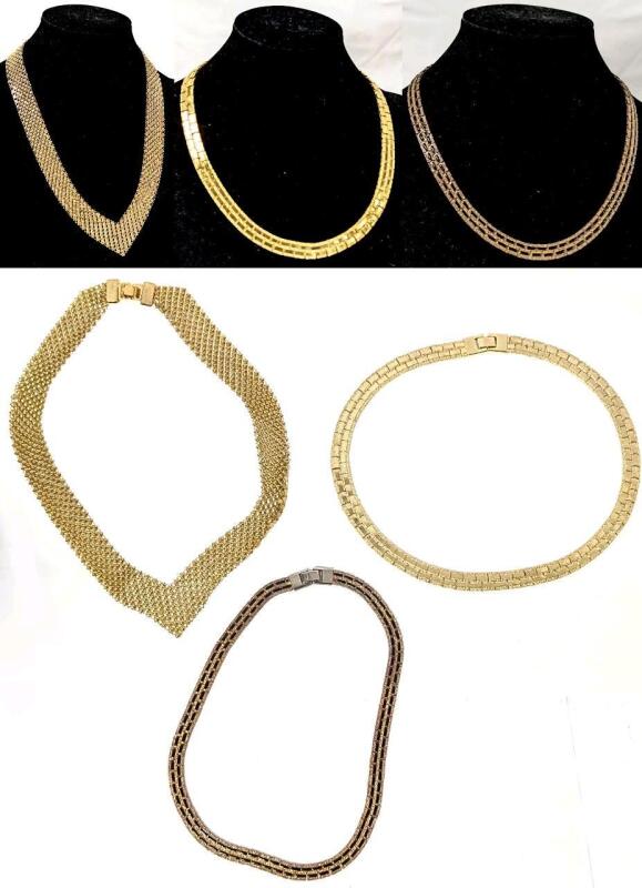 3 Vintage Necklaces With Fold Over Box Clasps: 2&times; Brick Road-Style Flat Necklaces 16" & Reversible Mesh Collar Necklace 0.8" Wide &times; 17" Long