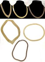 3 Vintage Necklaces With Fold Over Box Clasps: 2&times; Brick Road-Style Flat Necklaces 16" & Reversible Mesh Collar Necklace 0.8" Wide &times; 17" Long