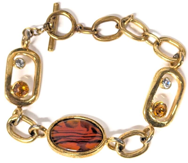 Signed Vintage BUTLER Amber Art Glass Bracelet With Toggle Clasp, Art Deco Styling With Bezel-Set Faceted Topaz + Clear Rhinestones in Open Rectangular, Round Open Links Between, 9" Long