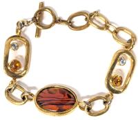 Signed Vintage BUTLER Amber Art Glass Bracelet With Toggle Clasp, Art Deco Styling With Bezel-Set Faceted Topaz + Clear Rhinestones in Open Rectangular, Round Open Links Between, 9" Long