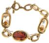 Signed Vintage BUTLER Amber Art Glass Bracelet With Toggle Clasp, Art Deco Styling With Bezel-Set Faceted Topaz + Clear Rhinestones in Open Rectangular, Round Open Links Between, 9" Long