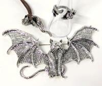 For Cat Lovers! Dangling Cat Corded Necklace, Large Gothic Bat-Winged Cat Brooch (3.75" Across) & Open Curled Cat Ring (Fits Size 8 Easily)