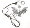 For Cat Lovers! Dangling Cat Corded Necklace, Large Gothic Bat-Winged Cat Brooch (3.75" Across) & Open Curled Cat Ring (Fits Size 8 Easily) - 2