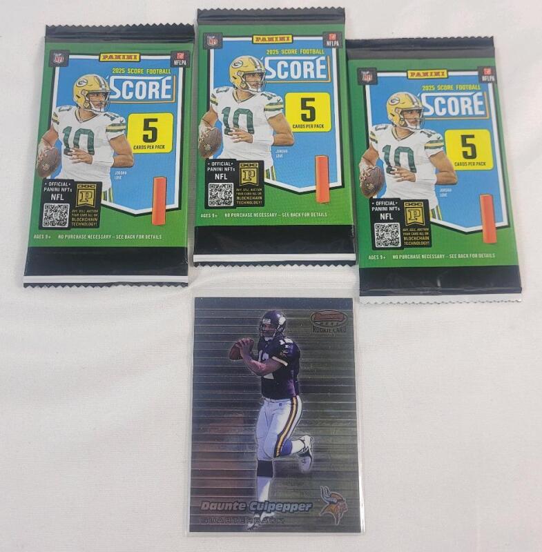 2025 Panini Score NFL Football Sealed Trading Card Wax Packs &times;3 & 1999 Bowmans Best NFL Football Daunte Culpepper Rookie Card #107