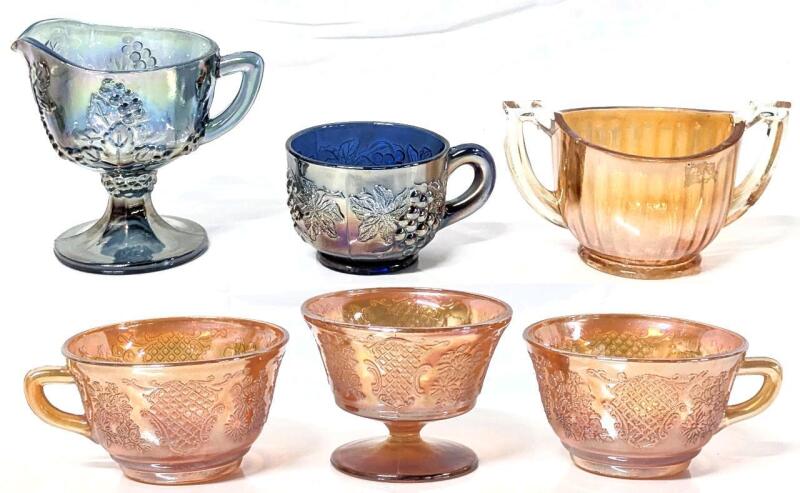 6pcs Vintage Carnival Glass Unsigned : Indiana Glass Co Harvest Grape Creamer, Northwood Cup, Federal Glass Co, Paneled Peach Trophy-Handled Sugar Dish, Up To 4.25" Tall, Some Fleabites Fekt, No Chips or Cracks