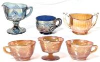 6pcs Vintage Carnival Glass Unsigned : Indiana Glass Co Harvest Grape Creamer, Northwood Cup, Federal Glass Co, Paneled Peach Trophy-Handled Sugar Dish, Up To 4.25" Tall, Some Fleabites Fekt, No Chips or Cracks