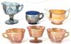 6pcs Vintage Carnival Glass Unsigned : Indiana Glass Co Harvest Grape Creamer, Northwood Cup, Federal Glass Co, Paneled Peach Trophy-Handled Sugar Dish, Up To 4.25" Tall, Some Fleabites Fekt, No Chips or Cracks