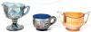 6pcs Vintage Carnival Glass Unsigned : Indiana Glass Co Harvest Grape Creamer, Northwood Cup, Federal Glass Co, Paneled Peach Trophy-Handled Sugar Dish, Up To 4.25" Tall, Some Fleabites Fekt, No Chips or Cracks - 2