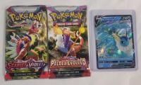 Two (2) New Pok&eacute;mon TCG Scarlet & Violet Sealed Packs and Pok&eacute;mon TCG " Vapoeon " Holo Game Card