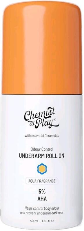 New Chemist at Play UnderArm Roll-On with 5% Lactic Acid + 1% Mandelic Acid | Prevents Odour Brightens Skin & Exfoliates Underarm | Long Lasting AQUA Fragrance | Alcohol & Aluminium Free (1.3 Ounce) EXP 2028 (36 Months From Manufacture)