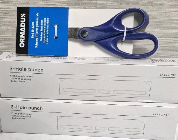 3 New Office Supplies - Two 3-Hole Punch & Pair of Scissors